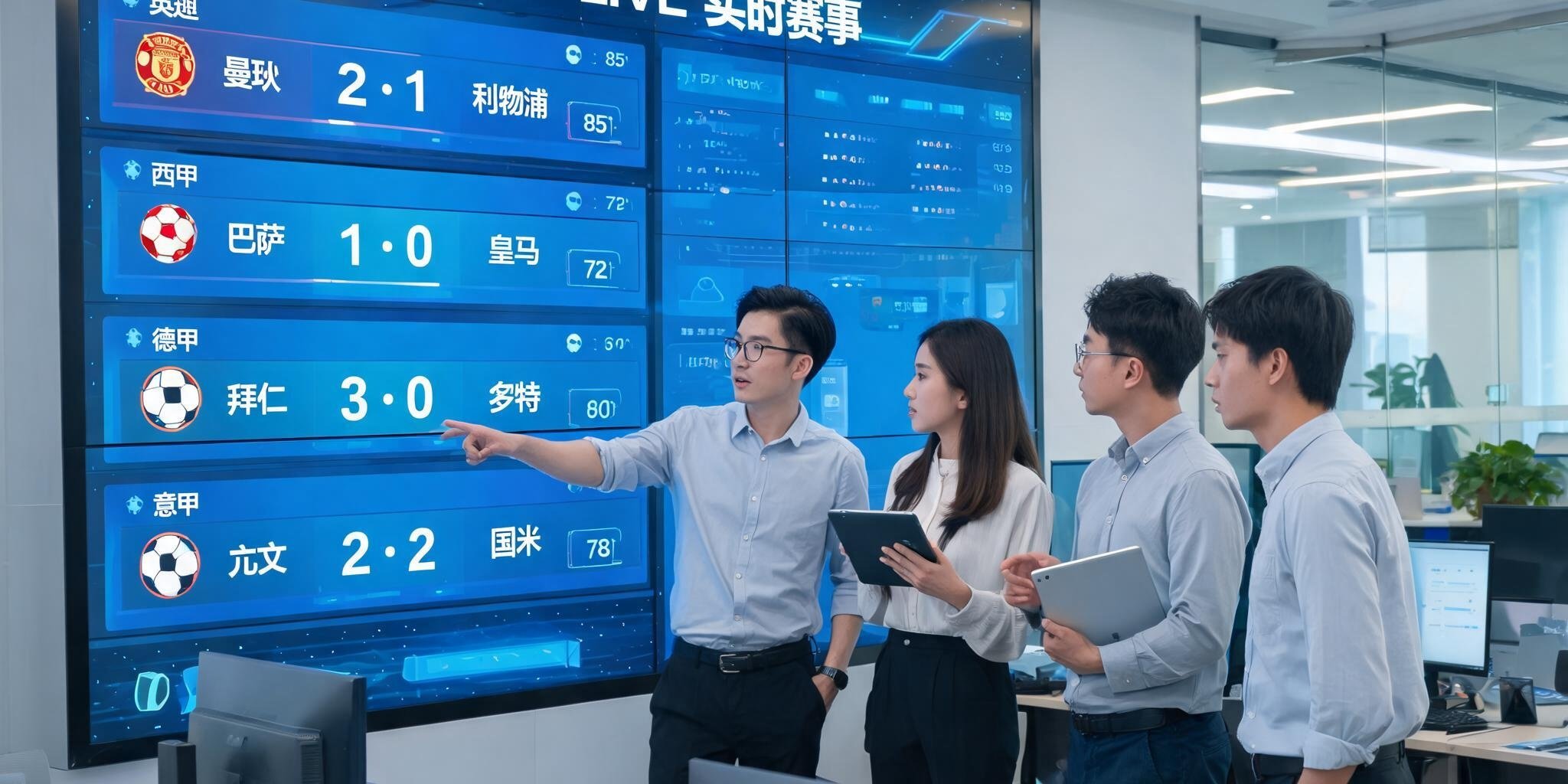球探比分公司办公室内，一面巨大的数据大屏上显示着全球实时足球比分，团队成员正在讨论赛事数据模型