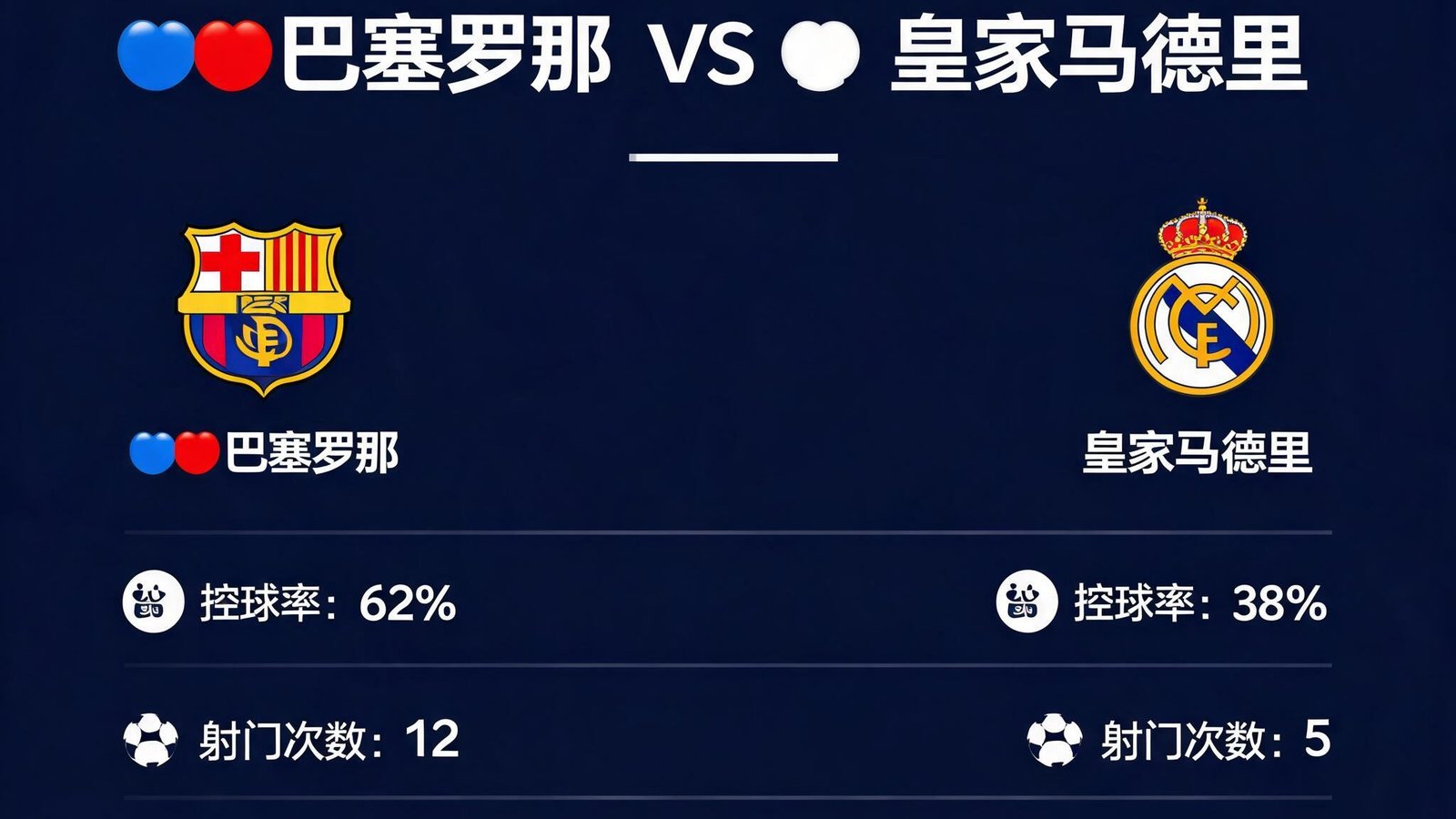 西甲巴塞罗那对阵皇家马德里的实时数据页面，显示控球率、射门次数、角球数