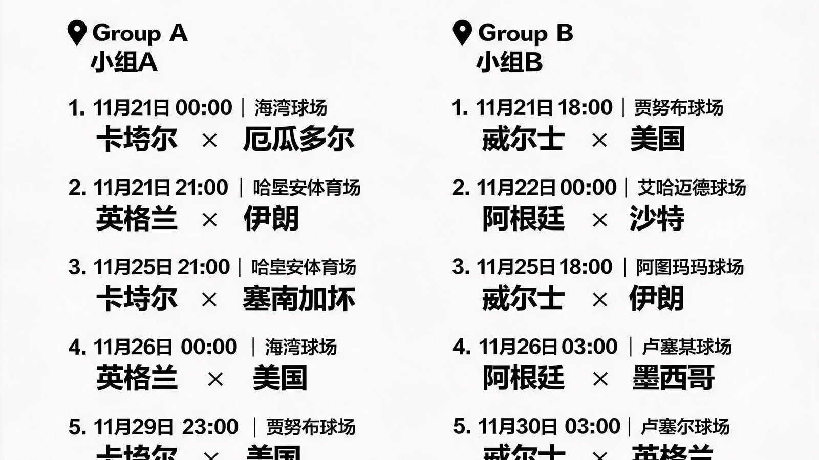世界杯完整赛程表，显示小组赛对阵日期、时间、场地信息